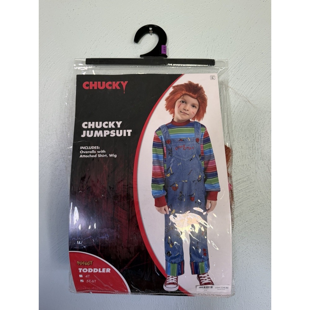 Chucky jumpsuit costume Spirit Halloween 5-6 striped shirt blue overalls red wig